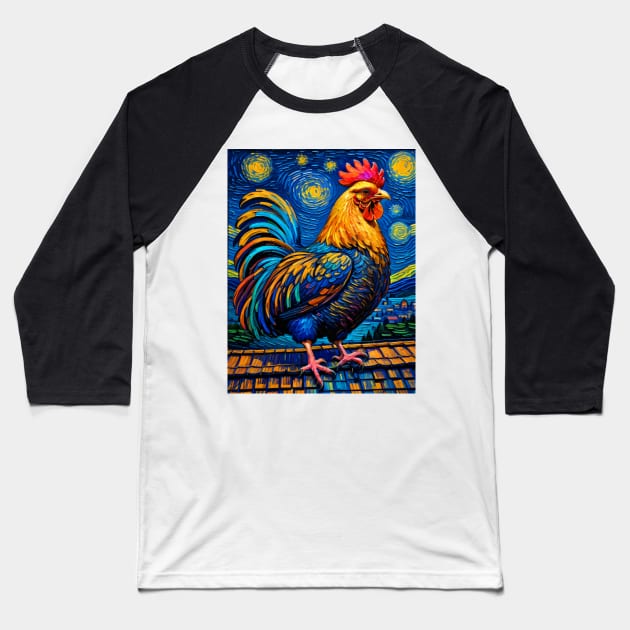 Rooster in starry night Baseball T-Shirt by FUN GOGH